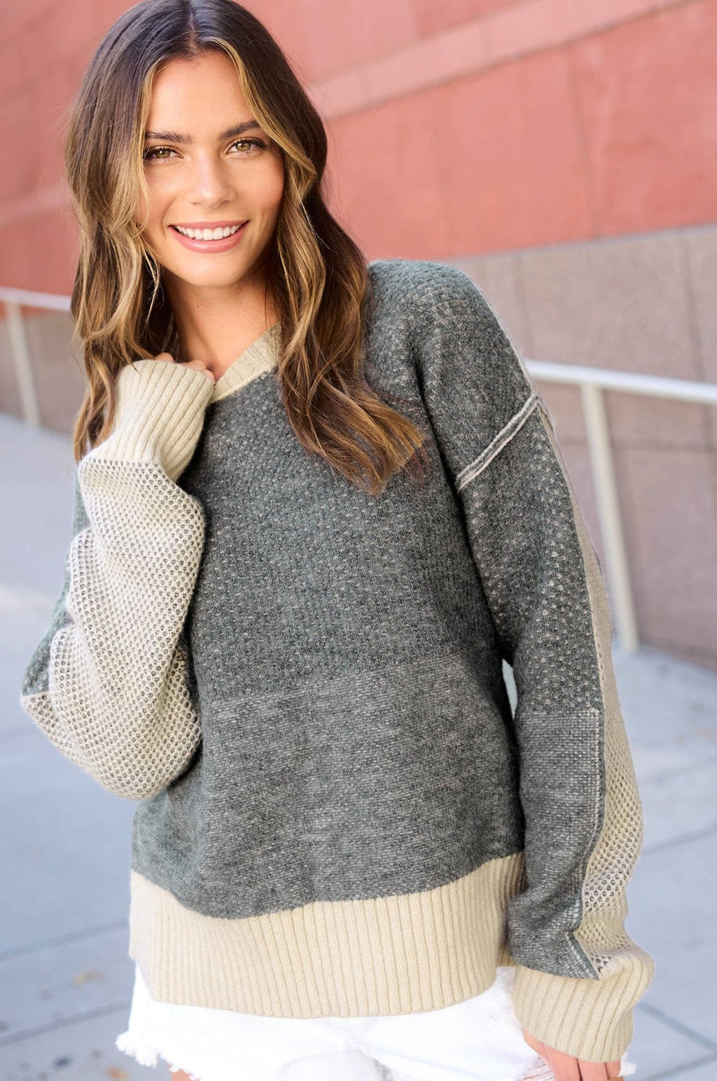 La Miel Loose-Fit Color Block Textured Round Neck Western Sweater — Side Slit Cozy Layering (Baked Ginger or Black Sesame, Medium available) Cowhide and Conchos