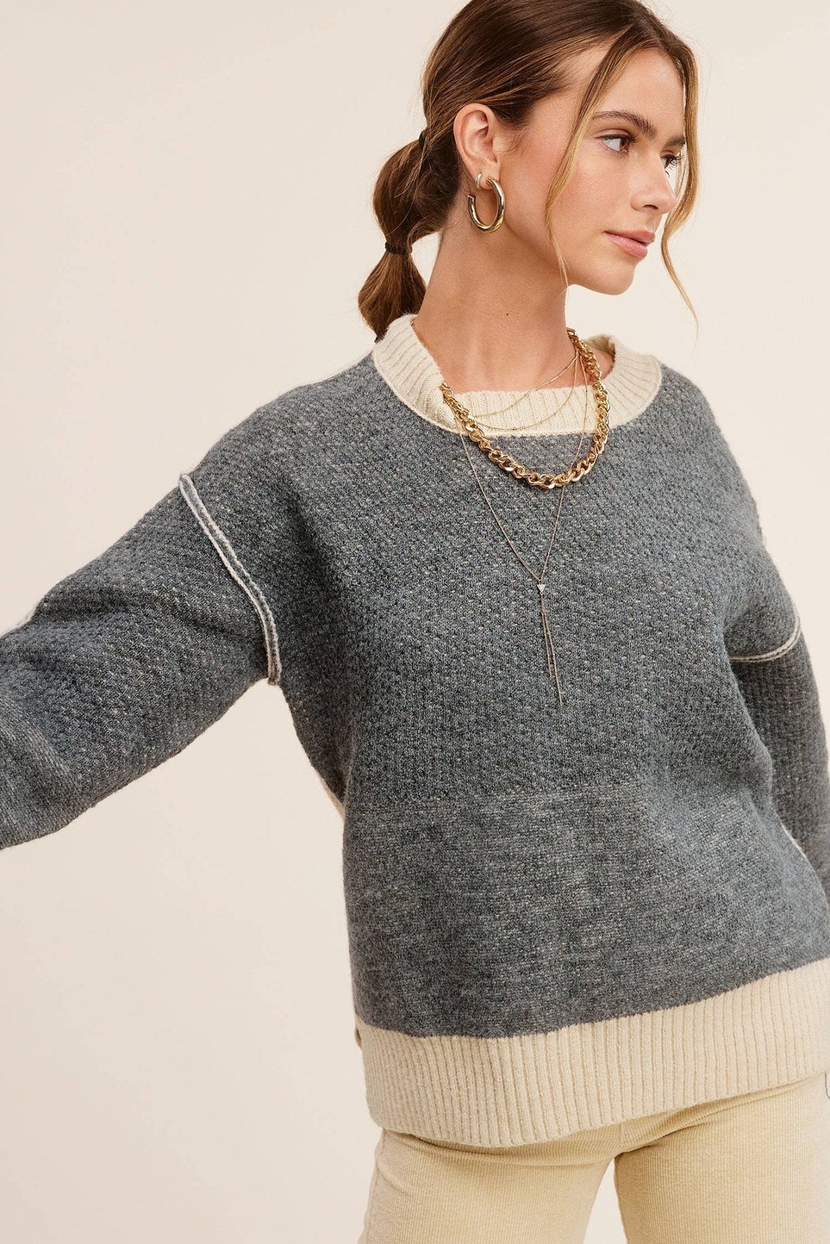 La Miel Loose-Fit Color Block Textured Round Neck Western Sweater — Side Slit Cozy Layering (Baked Ginger or Black Sesame, Medium available) Cowhide and Conchos