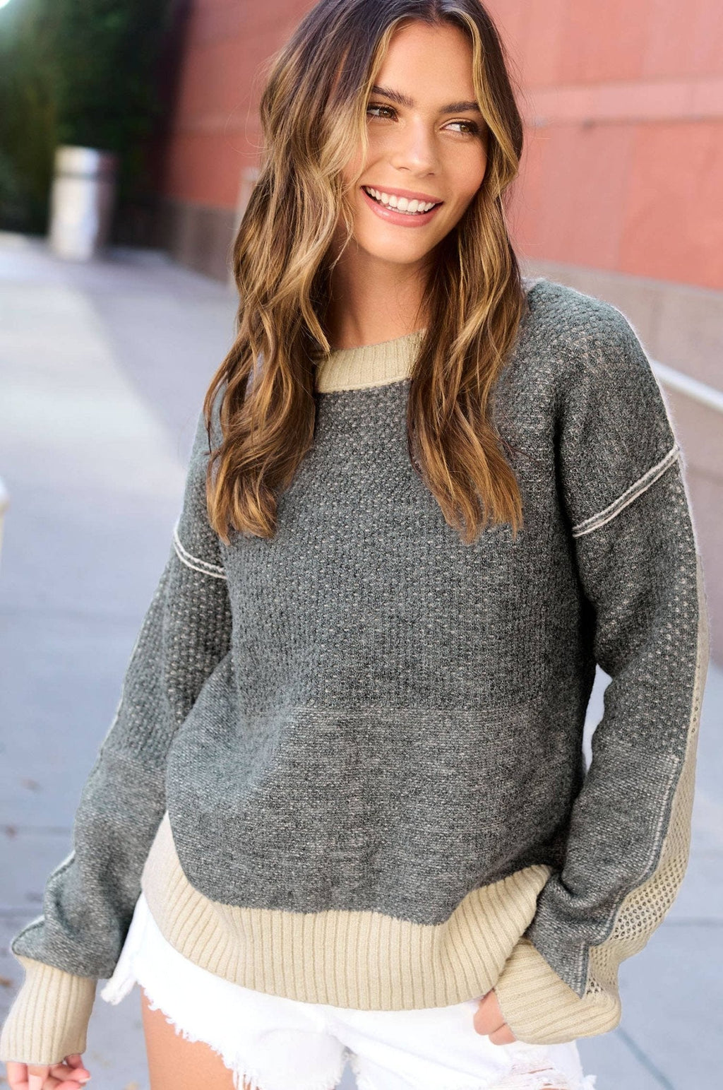 La Miel Loose-Fit Color Block Textured Round Neck Western Sweater — Side Slit Cozy Layering (Baked Ginger or Black Sesame, Medium available) Cowhide and Conchos