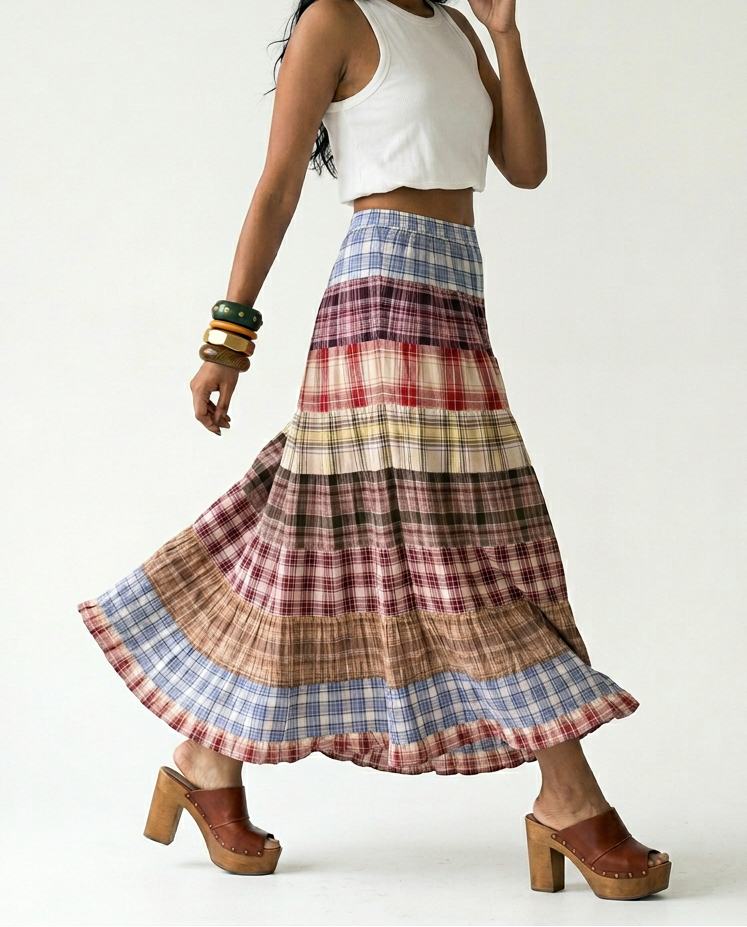 Wanderlust Plaid Patchwork Maxi Skirt Boho Brown