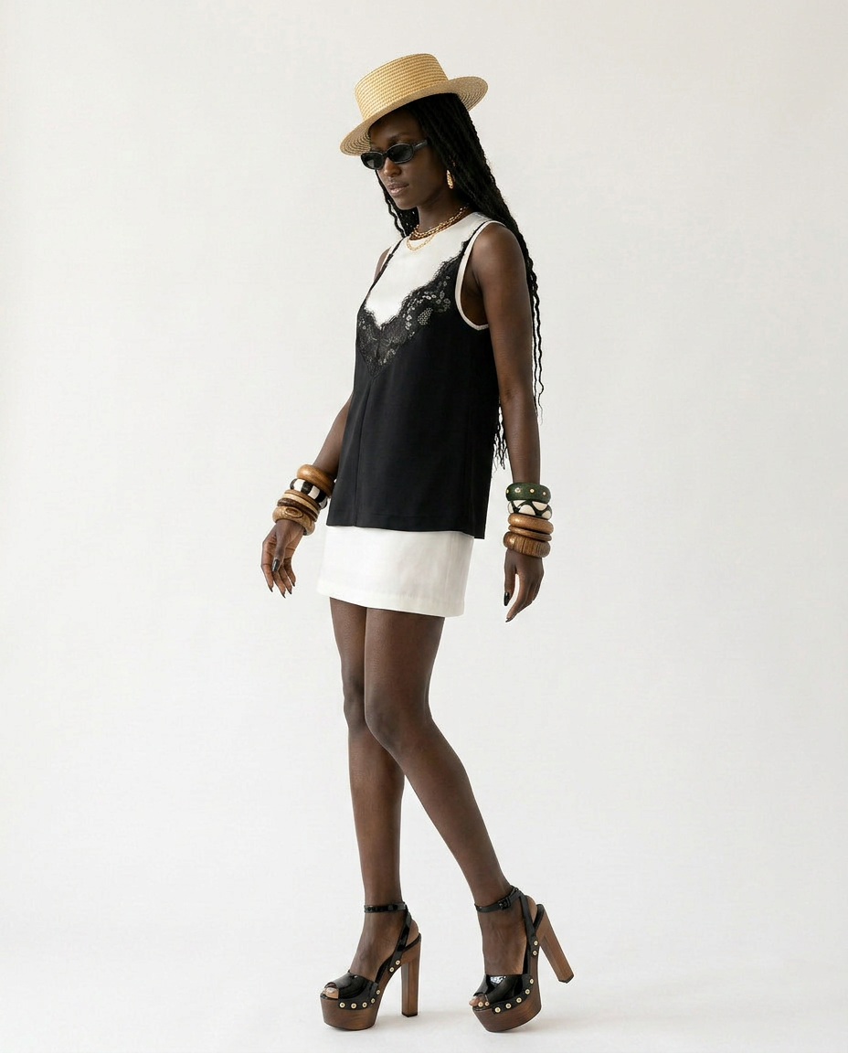 Divine Patchwork Lace Mini Dress Boho Brown