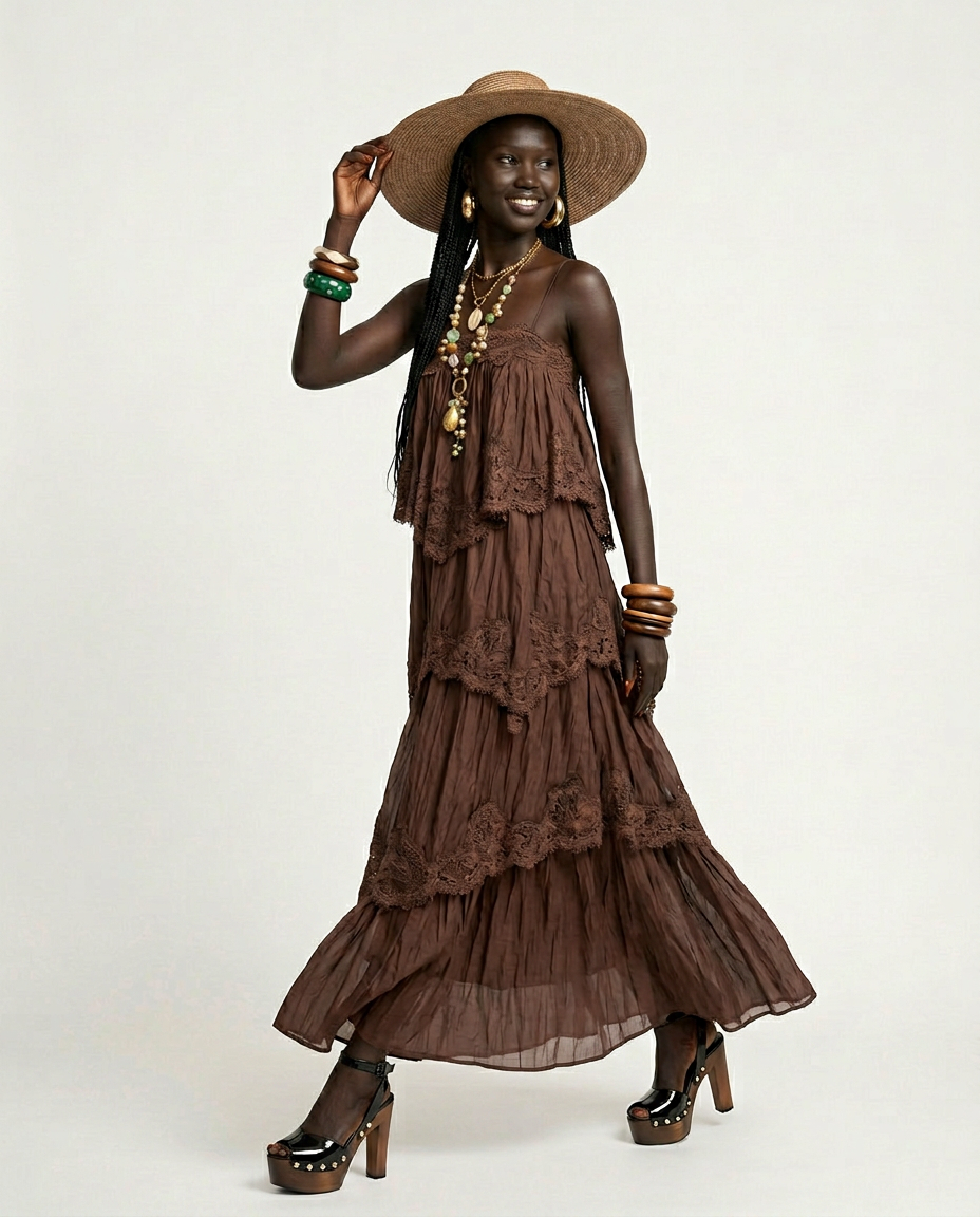 Divine Embroidered Tiered Maxi Dress Boho Brown