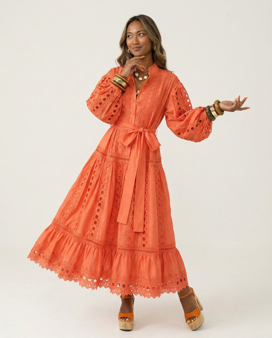 Graceful Lace Lantern Sleeve Dress Boho Brown