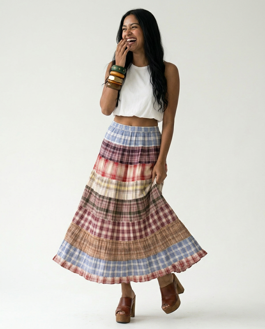 Wanderlust Plaid Patchwork Maxi Skirt Boho Brown