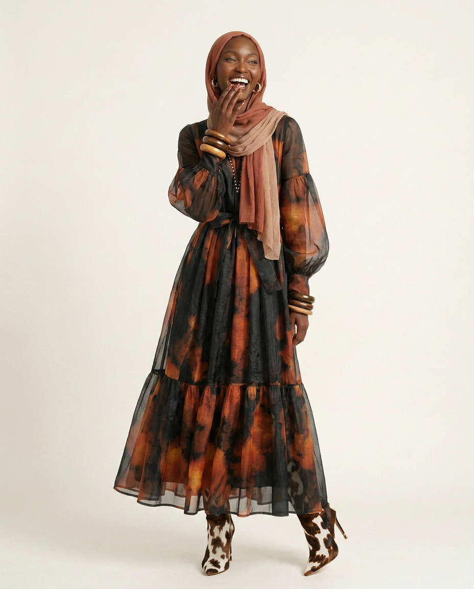 Magnetic Printed Colorblock Maxi Dress Boho Brown