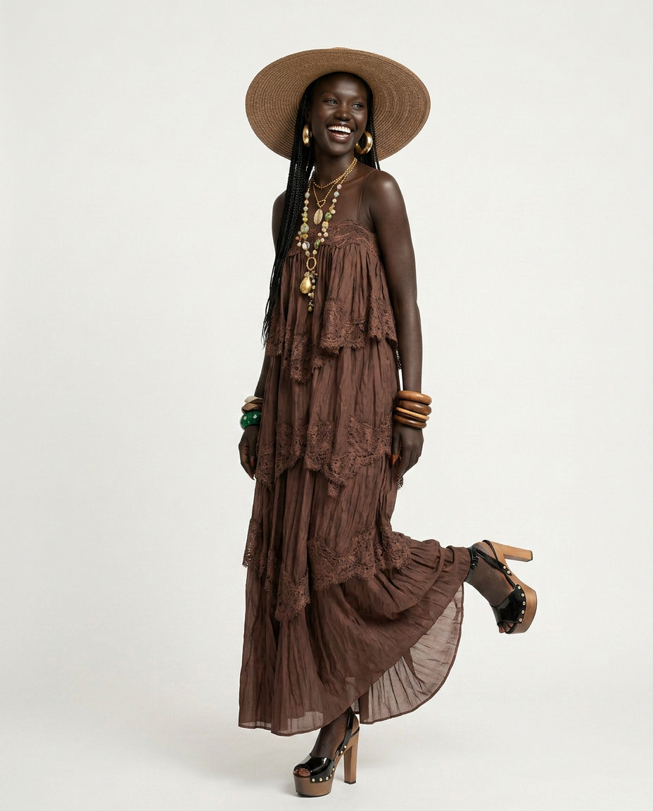 Divine Embroidered Tiered Maxi Dress Boho Brown