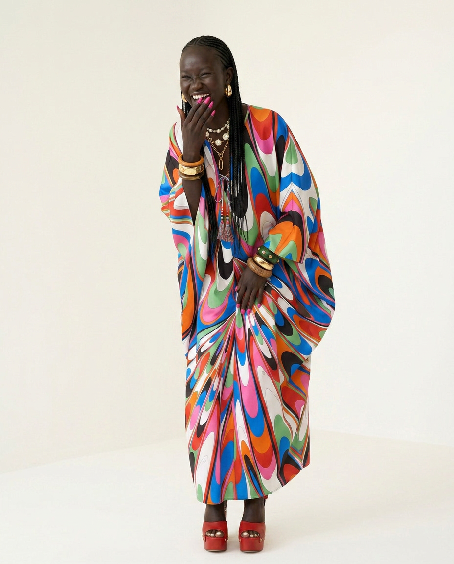 Vibrant Printed Loose Maxi Dress Boho Brown