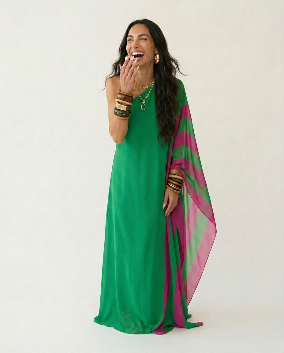 Vibrant Color Block One Shoulder Maxi Dress Boho Brown