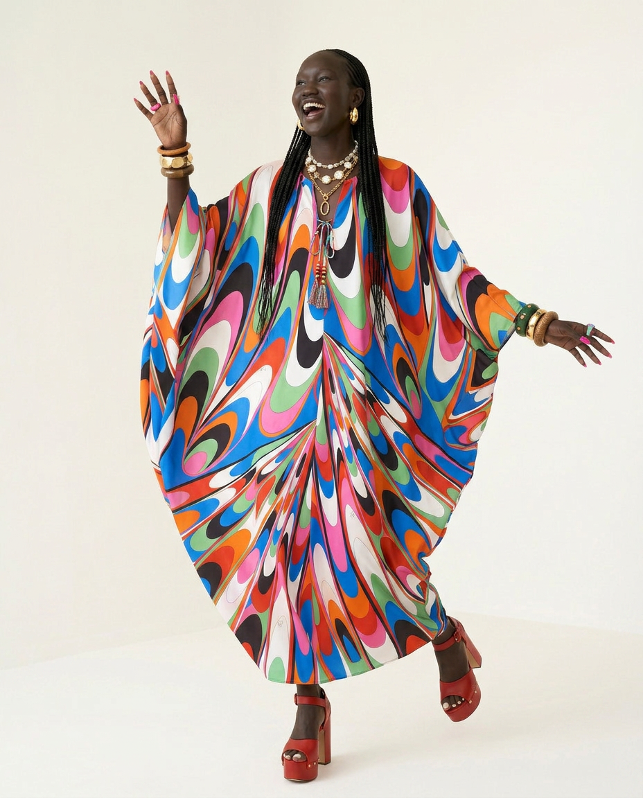 Vibrant Printed Loose Maxi Dress Boho Brown