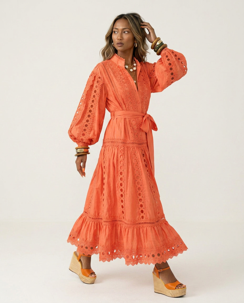 Graceful Lace Lantern Sleeve Dress Boho Brown