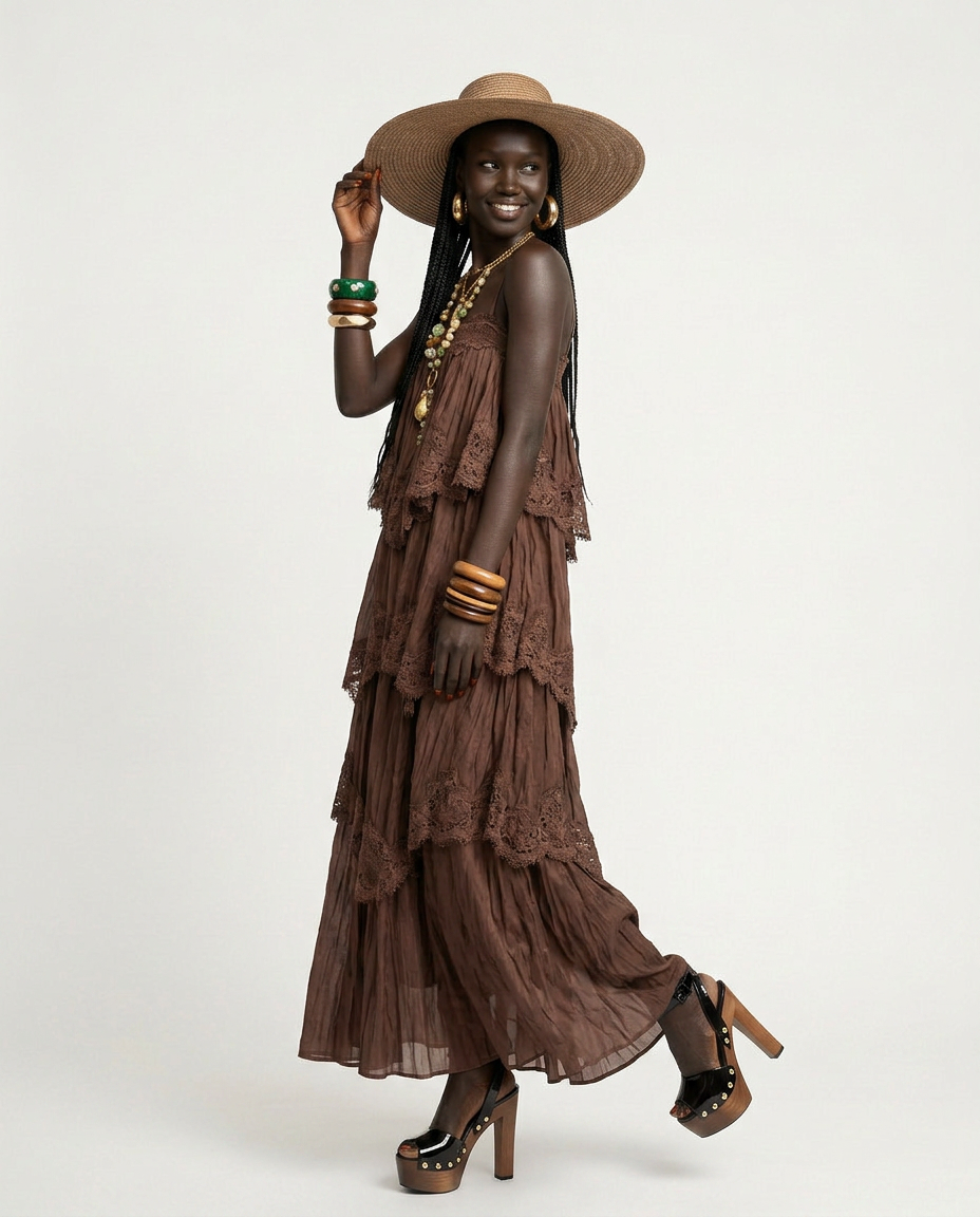 Divine Embroidered Tiered Maxi Dress Boho Brown