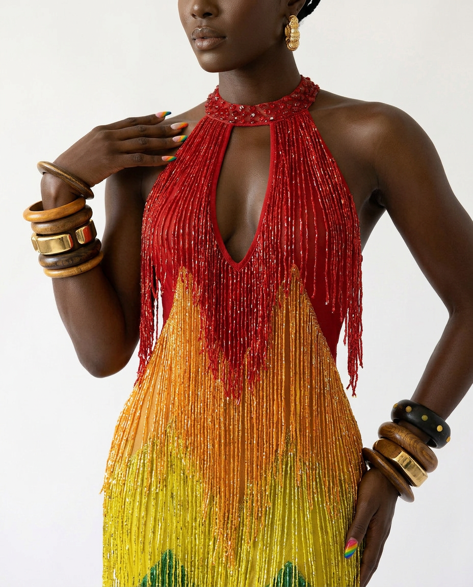 [PRE ORDER] Vibrant Rainbow Fringe Mesh Maxi Dress Boho Brown