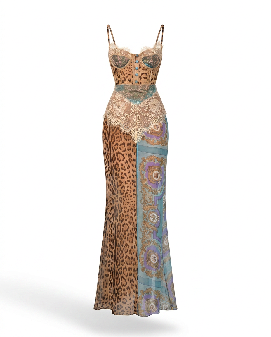 Audacious Lace Printed Maxi Dress Boho Brown