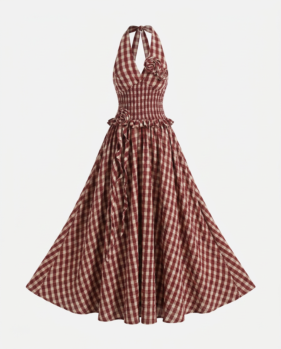 Sovereign Check Halter Maxi Dress Boho Brown