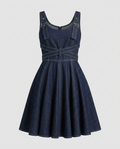 Daring Denim Flared Mini Dress Boho Brown