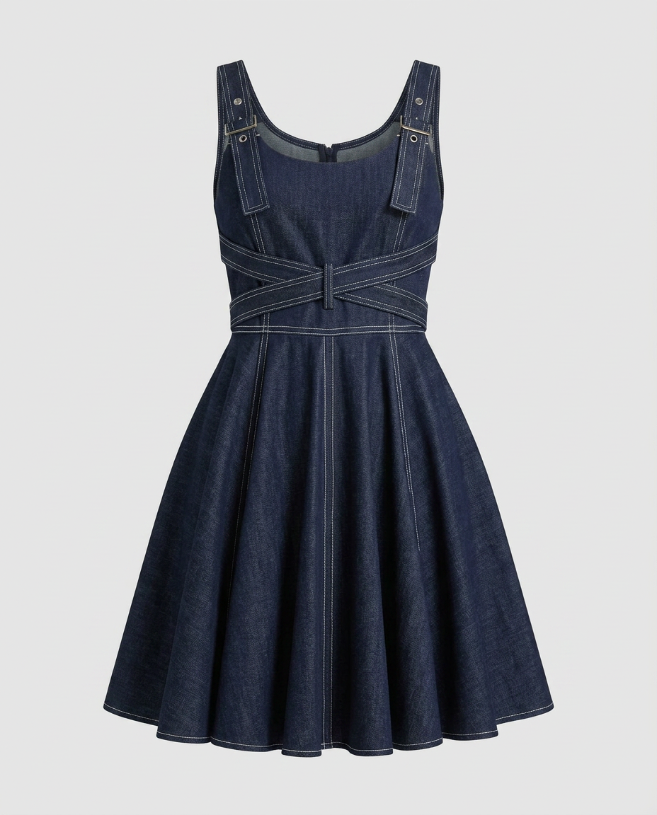 Daring Denim Flared Mini Dress Boho Brown