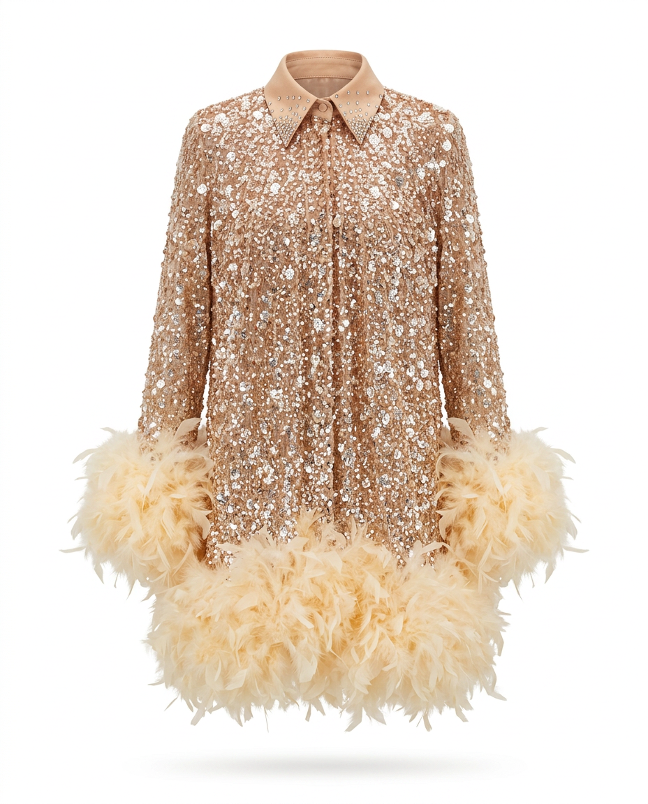 Luminous Sequin Feather Mini Dress Boho Brown