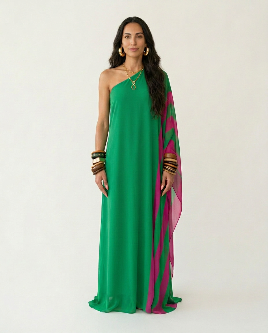 Vibrant Color Block One Shoulder Maxi Dress Boho Brown
