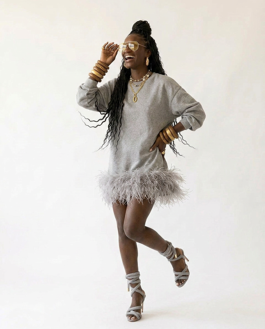 Audacious Feather Trim Sweatshirt Boho Brown
