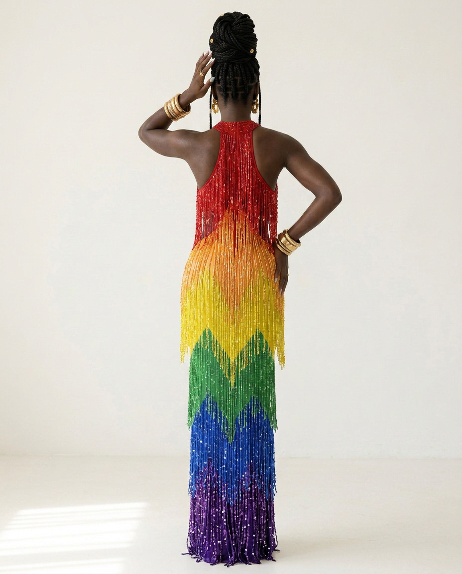 [PRE ORDER] Vibrant Rainbow Fringe Mesh Maxi Dress Boho Brown