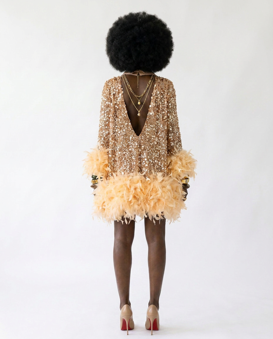 Luminous Sequin Feather Mini Dress Boho Brown
