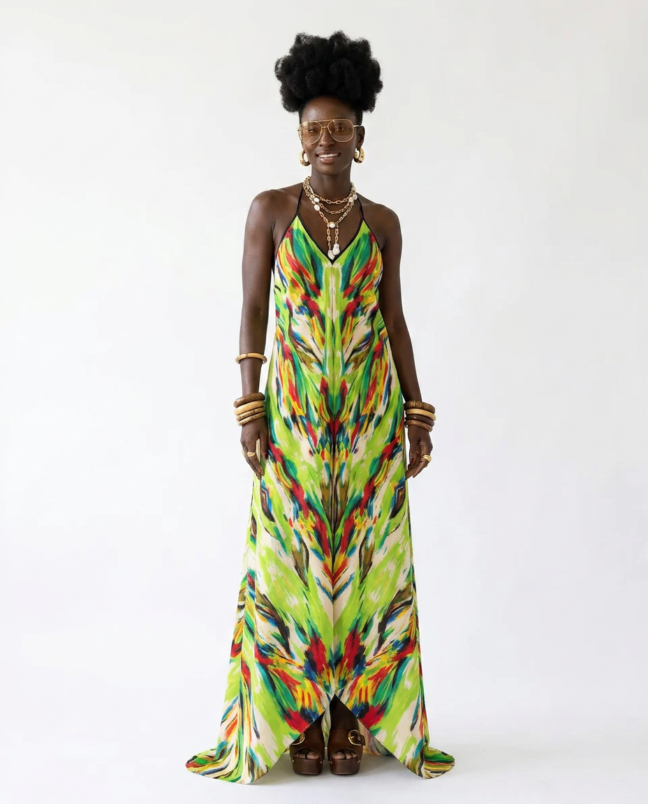 Vibrant Printed Halter Maxi Dress Boho Brown