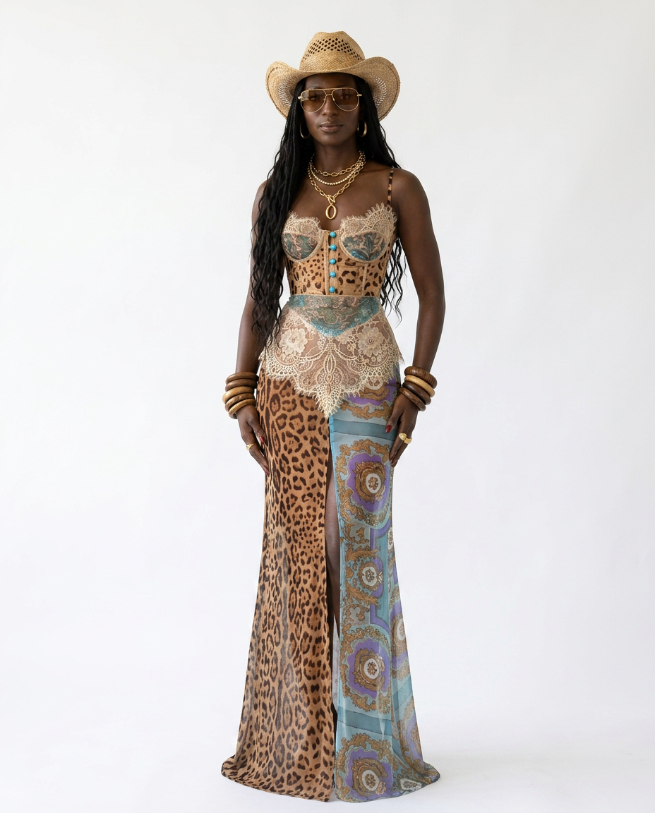 Audacious Lace Printed Maxi Dress Boho Brown