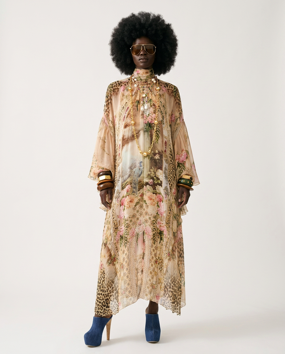 Wanderlust Printed Loose Maxi Dress Boho Brown
