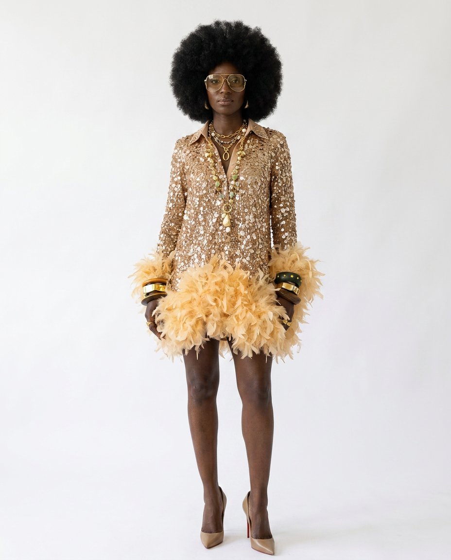 Luminous Sequin Feather Mini Dress Boho Brown