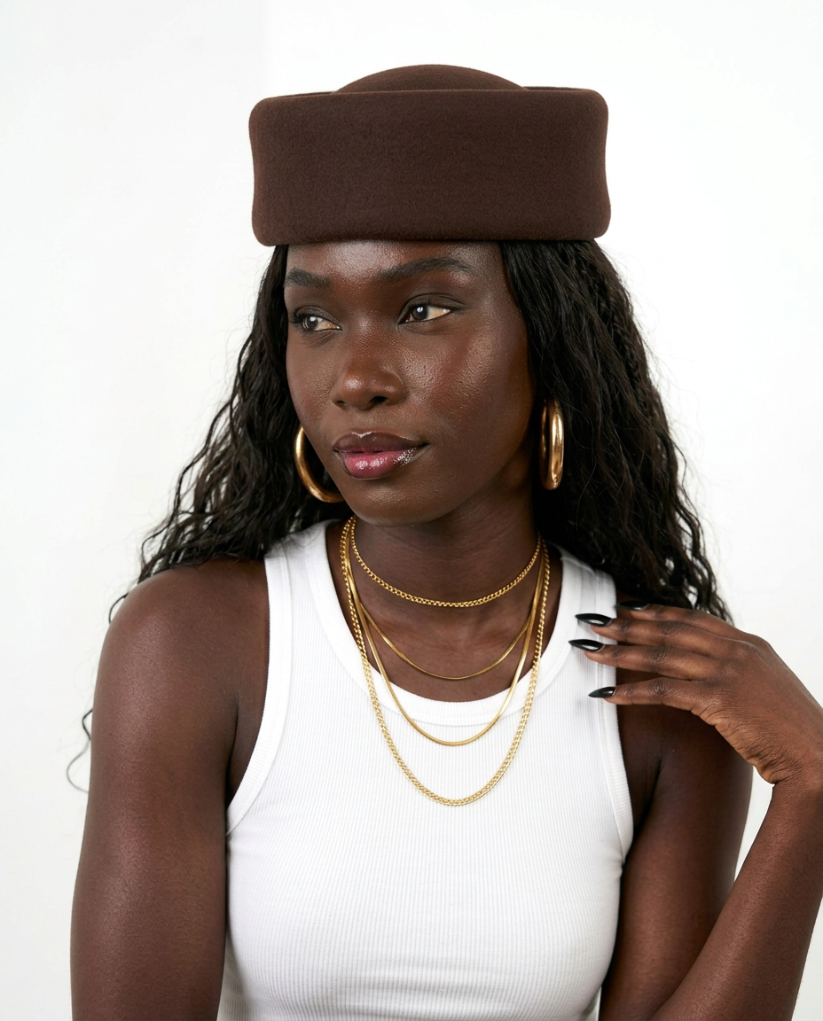 Grounded Wool Felt Pillbox Hat Boho Brown
