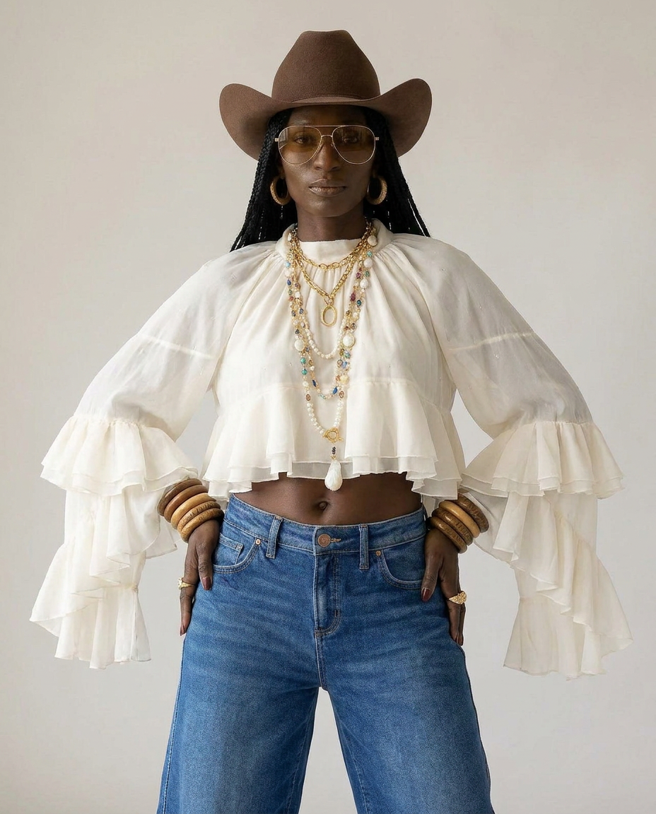 Radiant Mesh Lace Flare Blouse Boho Brown