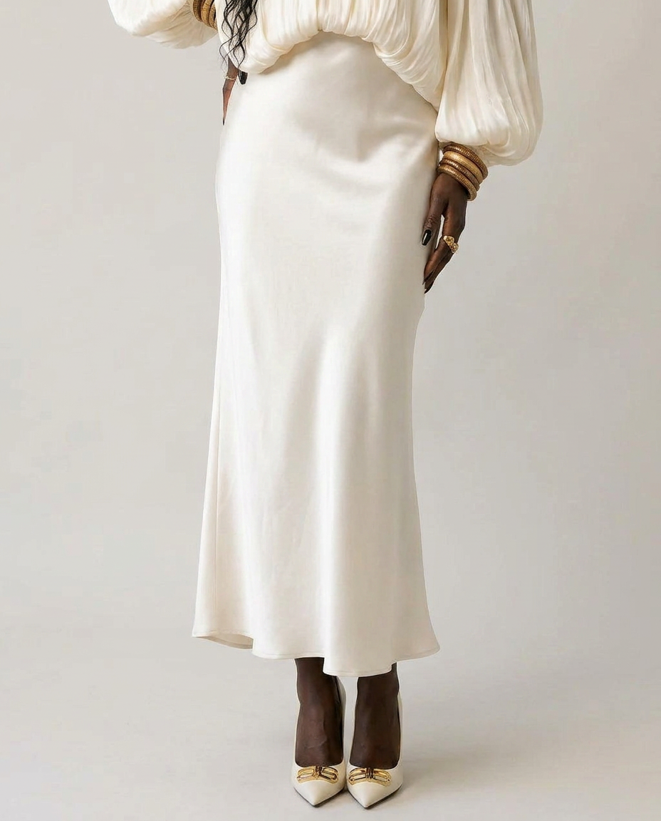Refined Silk Midi Skirt Boho Brown
