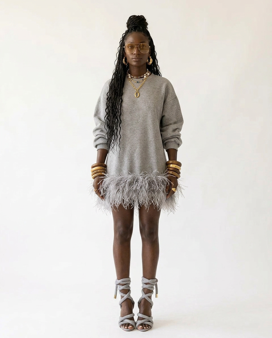 Audacious Feather Trim Sweatshirt Boho Brown
