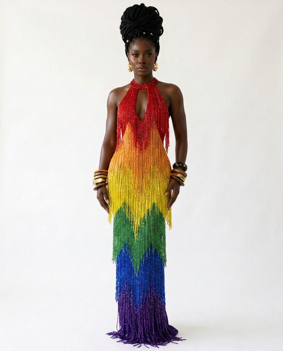 [PRE ORDER] Vibrant Rainbow Fringe Mesh Maxi Dress Boho Brown