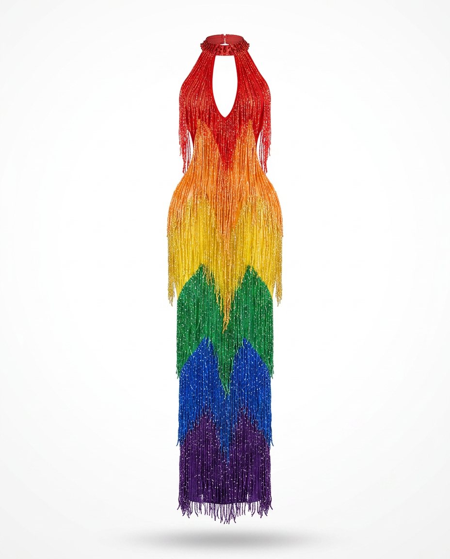 [PRE ORDER] Vibrant Rainbow Fringe Mesh Maxi Dress Boho Brown