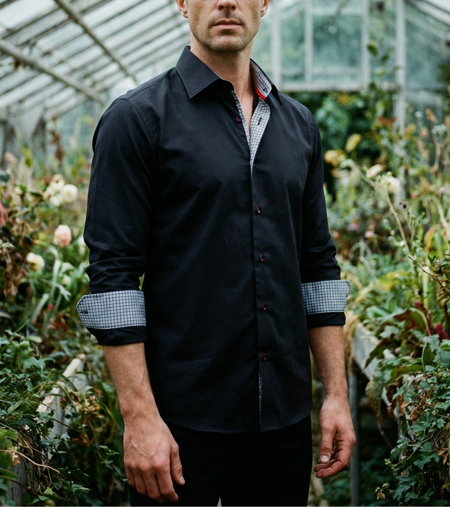 Donny// Cotton Knit-Stretch Button-Up Shirt With Contrast Details // Black // Tailored Fit (Fitted) LEVINAS® Official