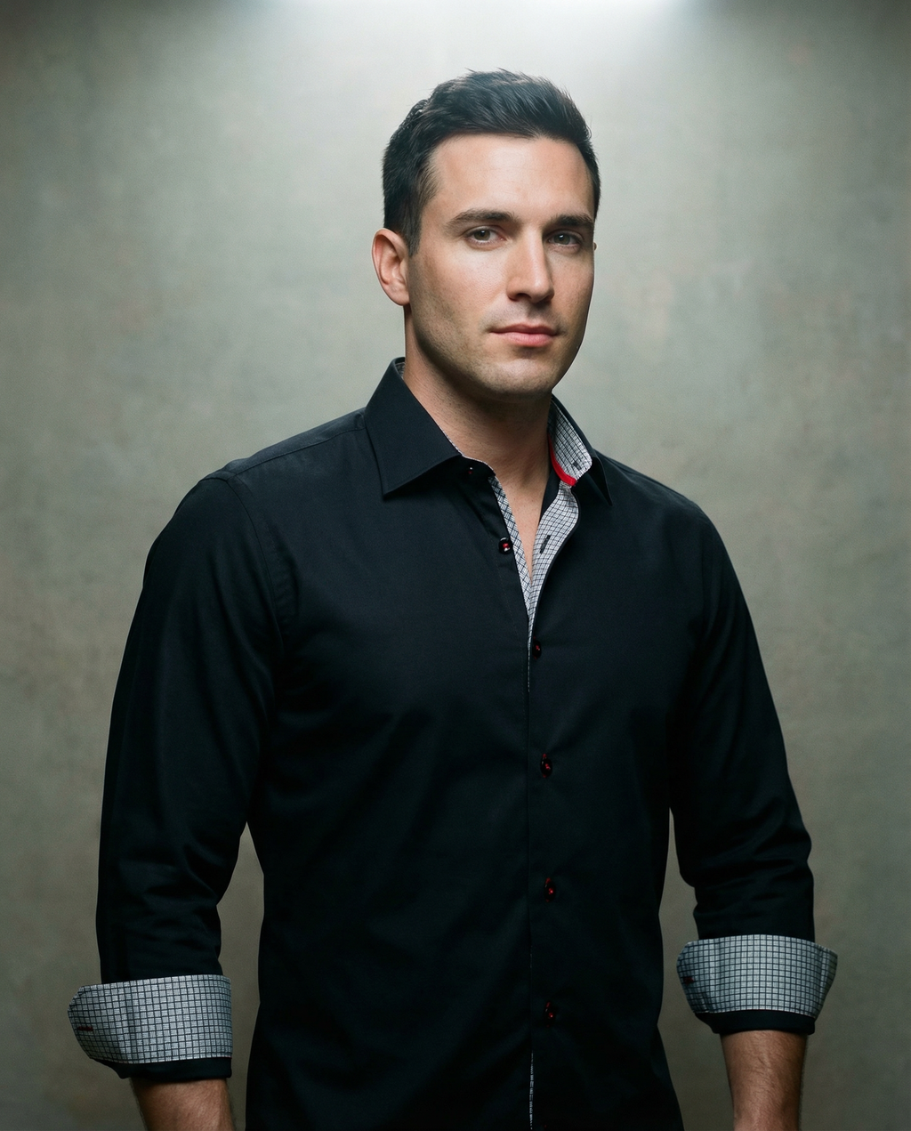 Donny// Cotton Knit-Stretch Button-Up Shirt With Contrast Details // Black // Tailored Fit (Fitted) LEVINAS® Official