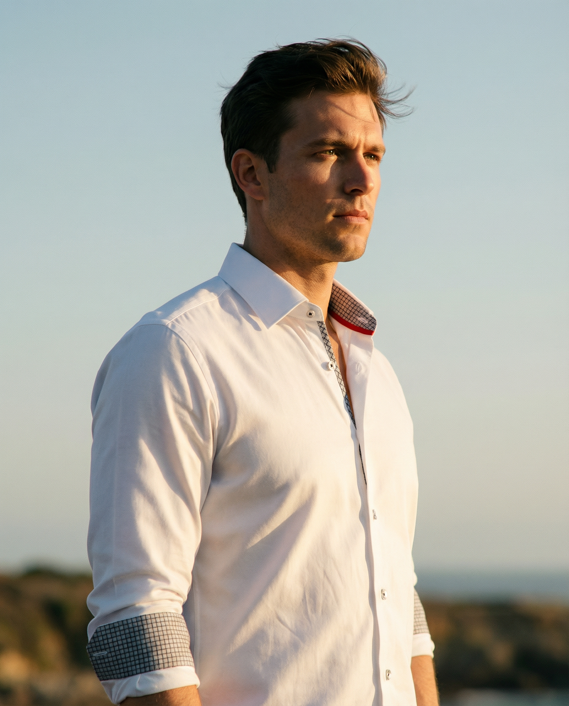 Jason// Cotton Knit-Stretch Button-Up Shirt With Contrast Details // White // Tailored Fit (Fitted) LEVINAS® Official
