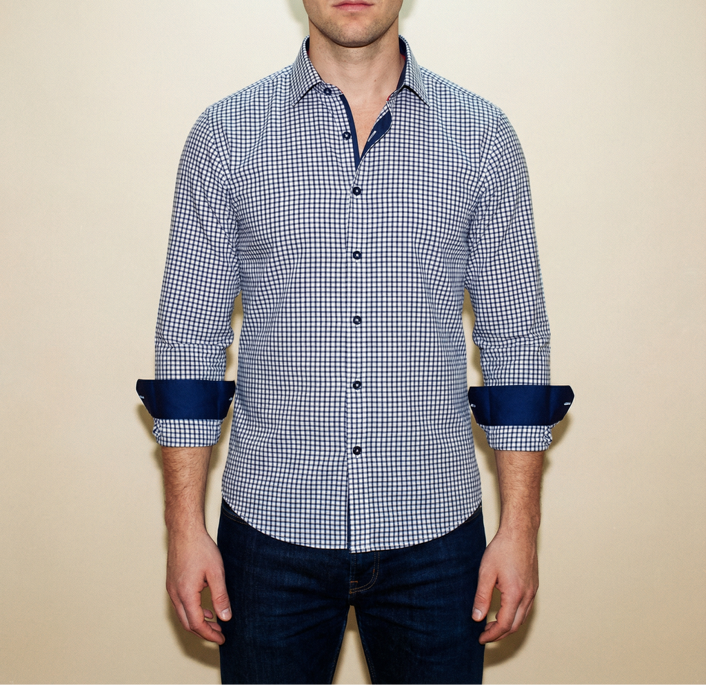 Michael Button-Up Shirt With Contrast Details // Navy Check // Contemporary Fit (Regular) LEVINAS® Official