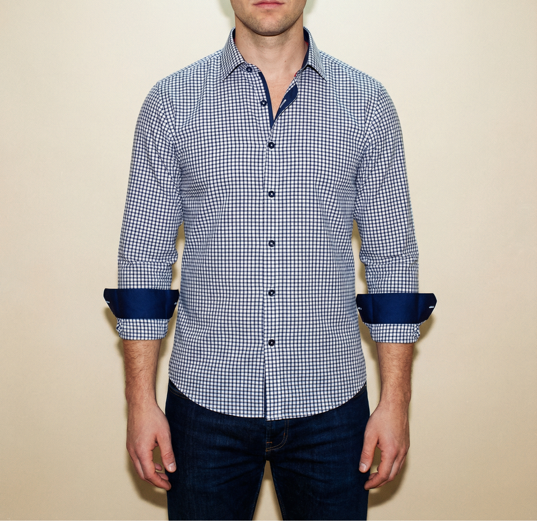 Michael Button-Up Shirt With Contrast Details // Navy Check // Contemporary Fit (Regular) LEVINAS® Official