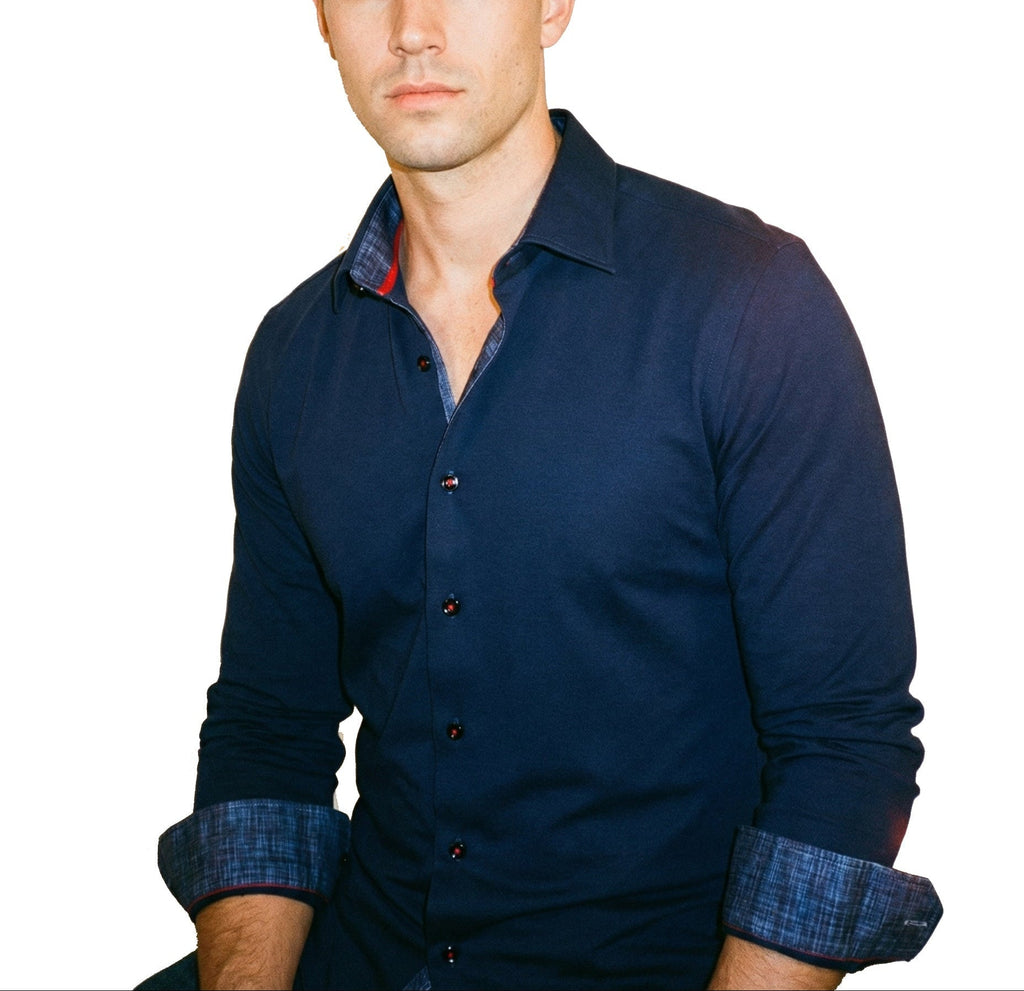 Kevin// Cotton Knit-Stretch Button-Up Shirt With Contrast Details // Navy // Tailored Fit (Fitted) LEVINAS® Official
