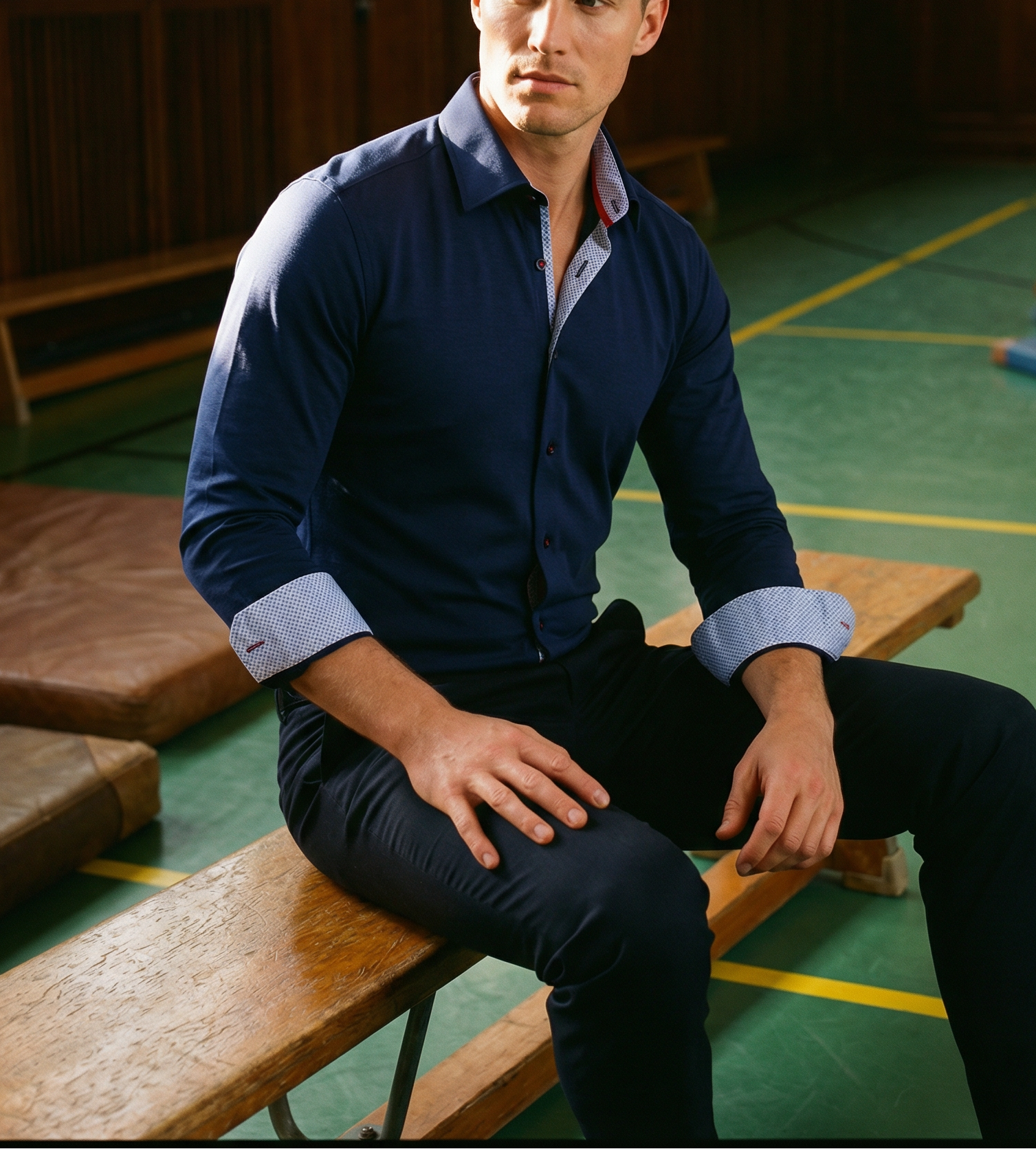 Paul// Cotton Knit-Stretch Button-Up Shirt With Contrast Details // Navy // Tailored Fit (Fitted) LEVINAS® Official