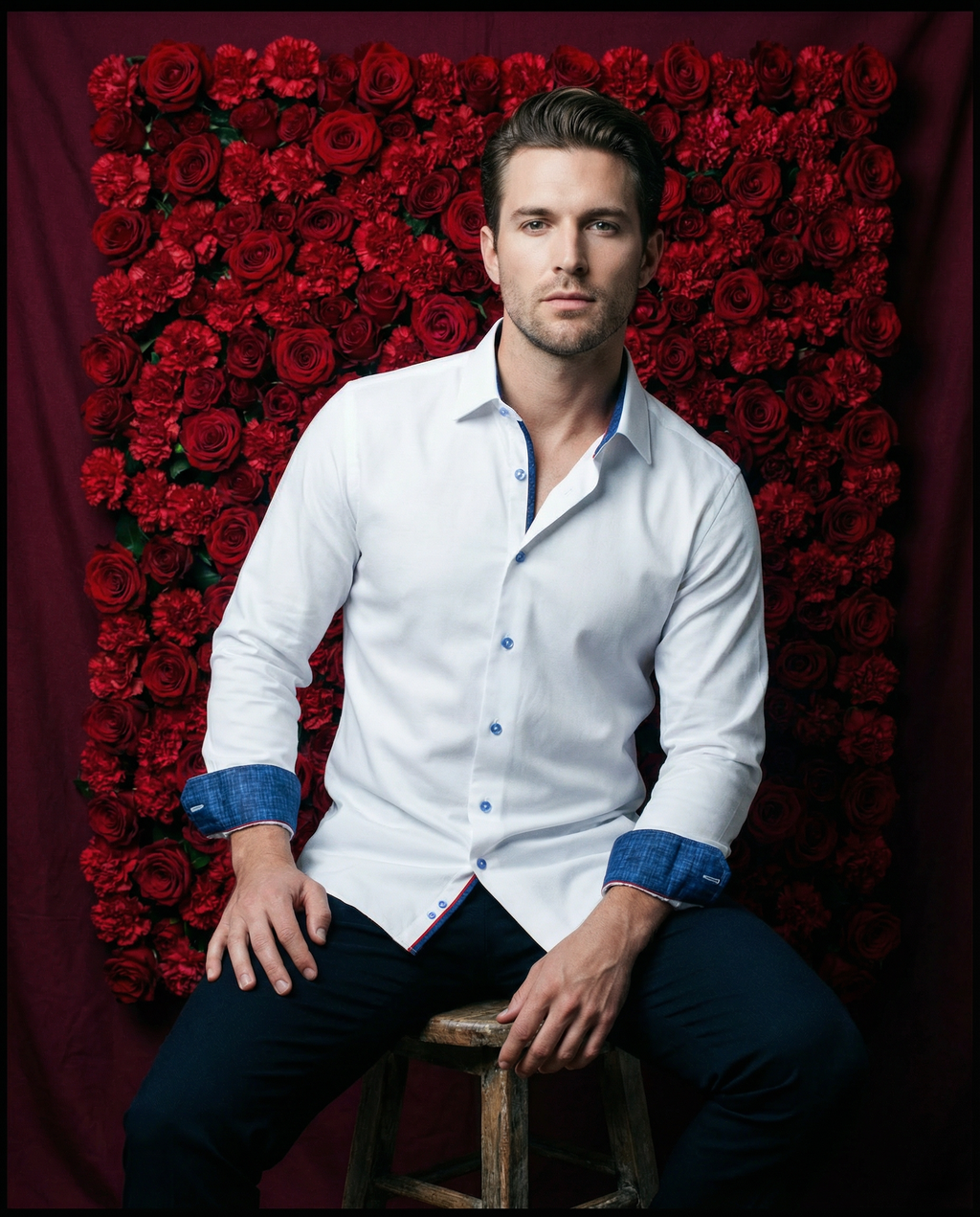 Ron// Cotton Knit-Stretch Button-Up Shirt With Contrast Details // White // Tailored Fit (Fitted) LEVINAS® Official