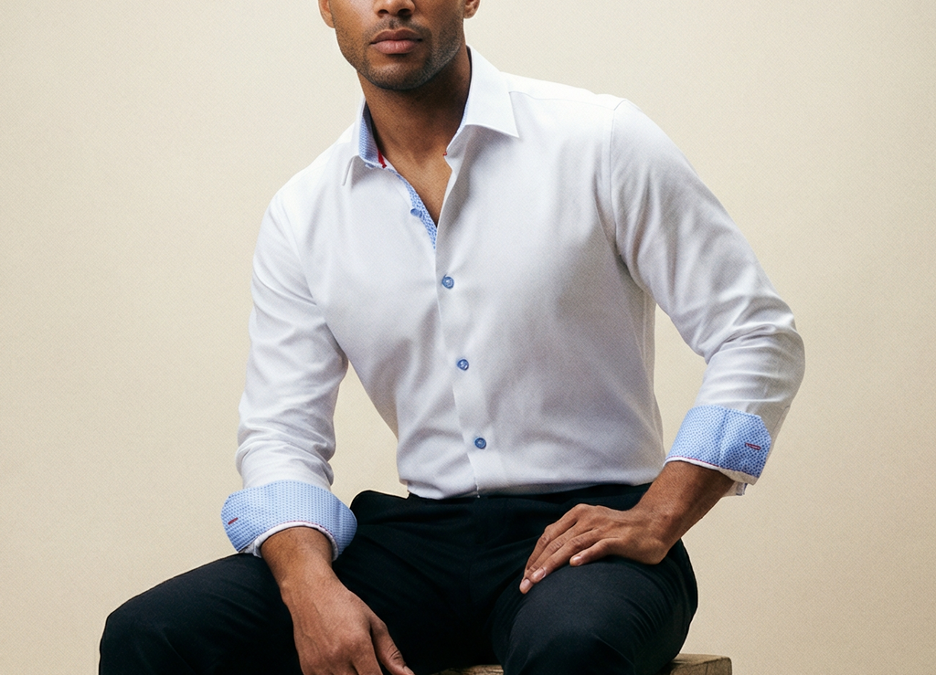 Scott// Cotton Knit-Stretch Button-Up Shirt With Contrast Details // White // Tailored Fit (Fitted) LEVINAS® Official