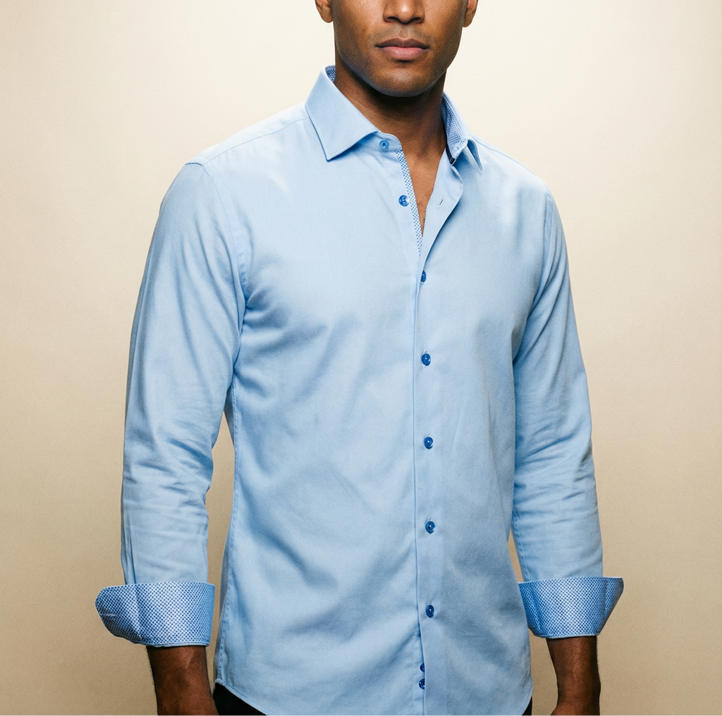 Joshua// Cotton Knit-Stretch Button-Up Shirt With Contrast Details // Blue // Tailored Fit (Fitted) LEVINAS® Official