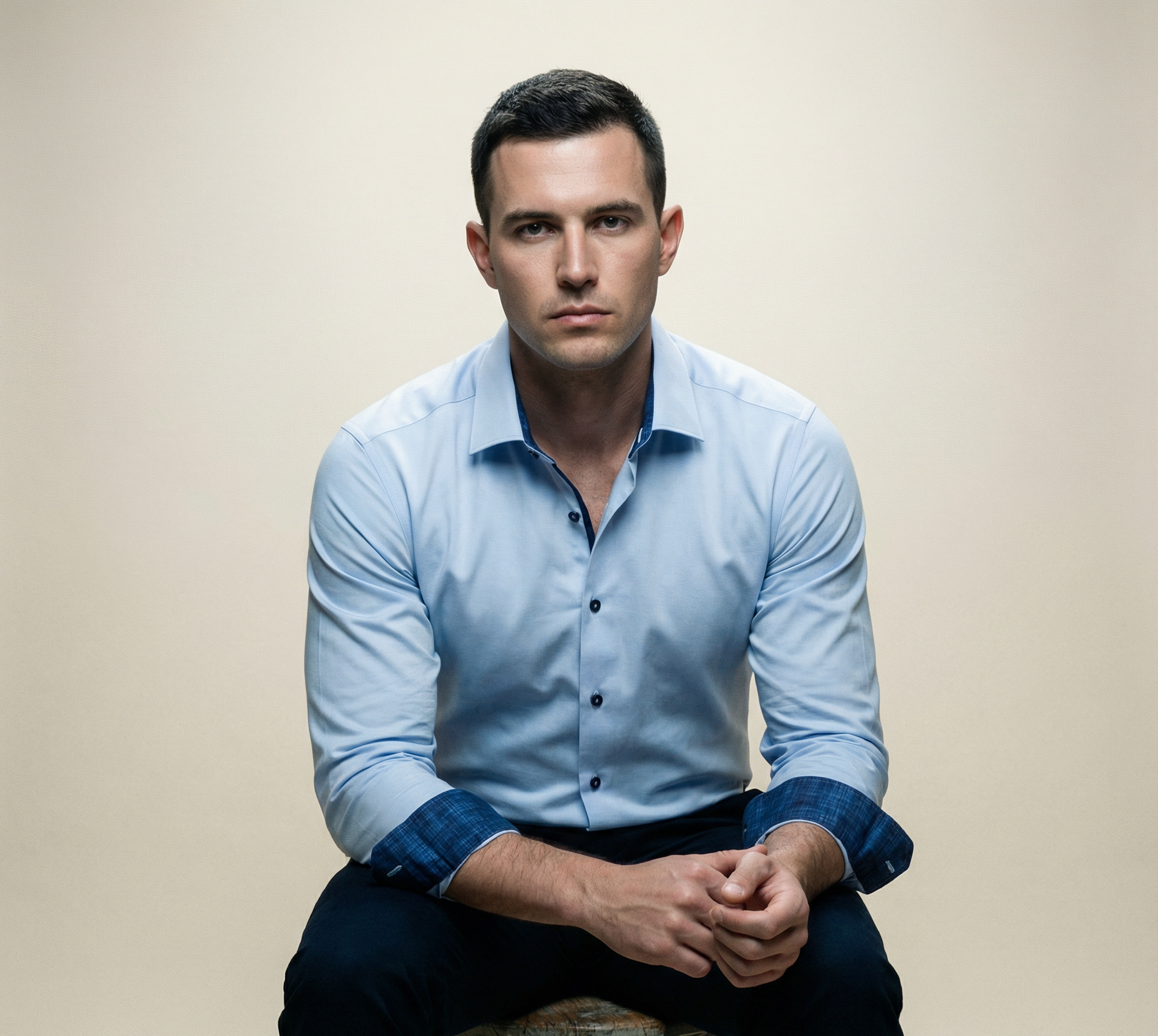 Ralph// Cotton Knit-Stretch Button-Up Shirt With Contrast Details // Blue // Tailored Fit (Fitted) LEVINAS® Official