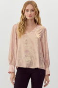 Jodifl Metallic Western V-Neck Puff Sleeve Blouse — Lightweight Elegant Layering Piece Cowhide and Conchos