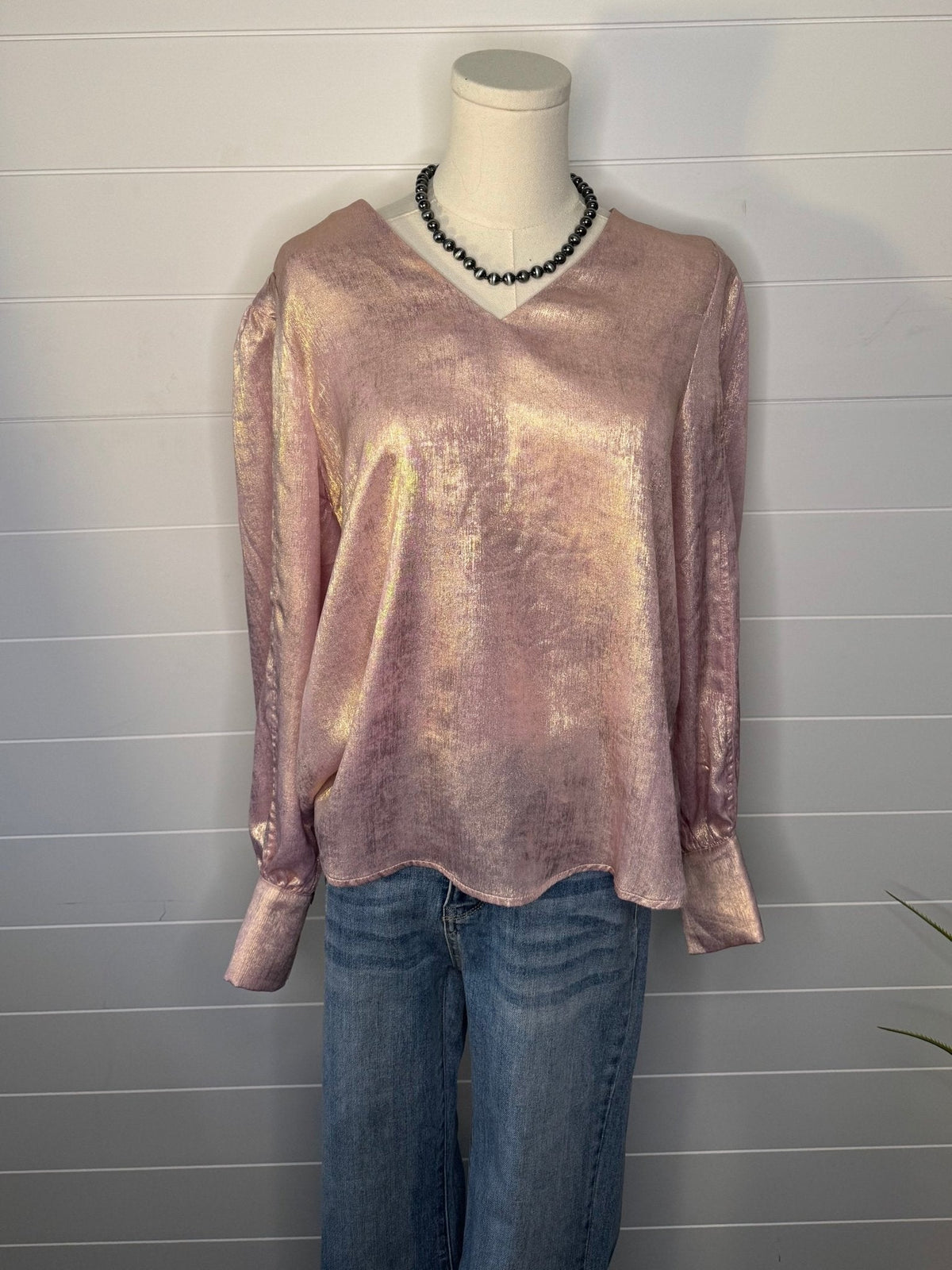 Jodifl Metallic Western V-Neck Puff Sleeve Blouse — Lightweight Elegant Layering Piece Cowhide and Conchos
