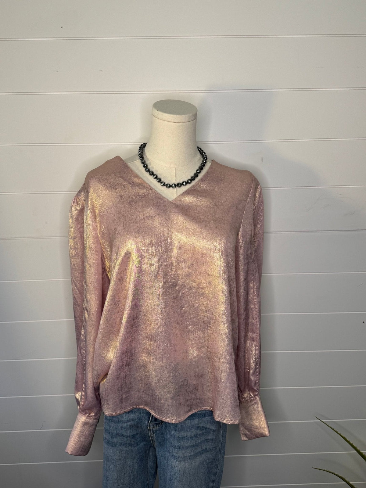 Jodifl Metallic Western V-Neck Puff Sleeve Blouse — Lightweight Elegant Layering Piece Cowhide and Conchos