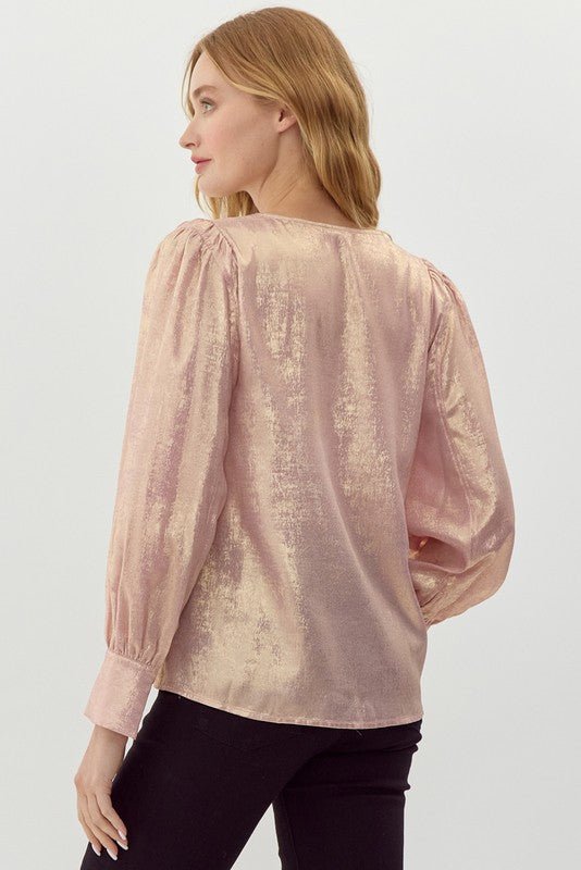 Jodifl Metallic Western V-Neck Puff Sleeve Blouse — Lightweight Elegant Layering Piece Cowhide and Conchos